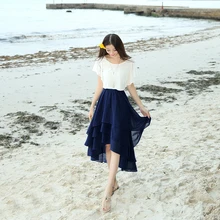 Новая летняя модная Милая Асимметричная шифоновая юбка синего, черного, абрикосового цвета, Однотонная юбка с ласточкиным хвостом, пляжная юбка