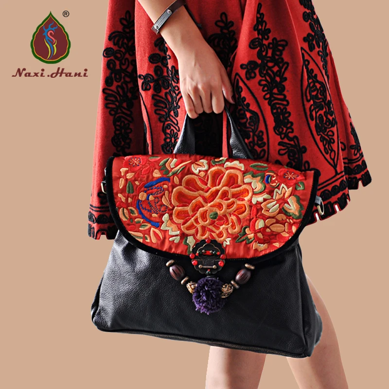 

High quality Fashion black genuine leather Women banquet handbag Ethnic cow Leather Embroidery Messenger Shoulder bags