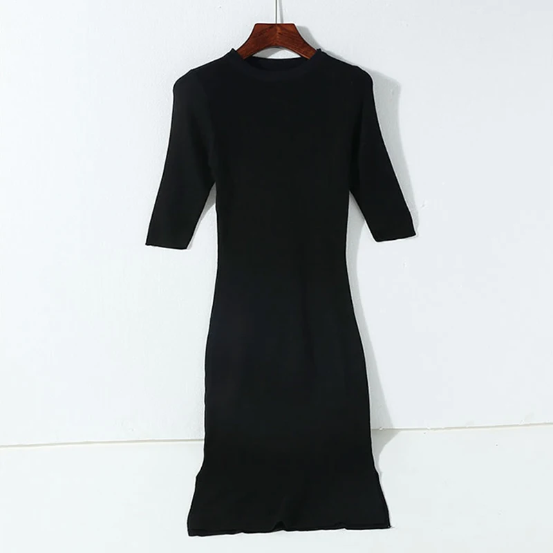 Корейское женское однотонное платье-футляр, вязаное платье с коротким рукавом, вечерние платья длиной до колена, офисное женское платье с круглым вырезом, милая одежда Vestidos - Цвет: hei