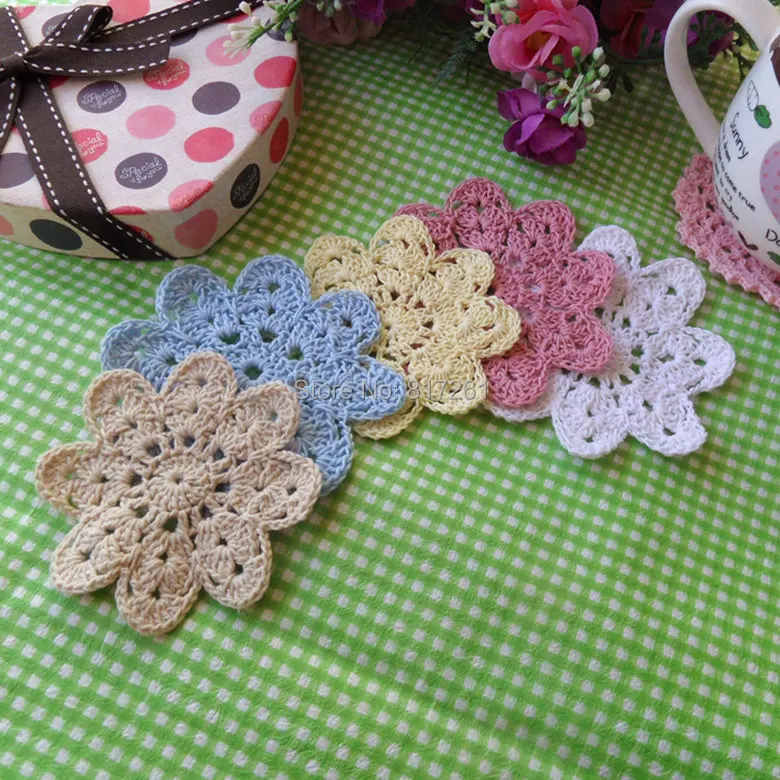 

free shipping 2015 fashion 5 colors 30 pics/lot cotton crochet fabric coaster cup pad napkin round felt placemat doilies wedding