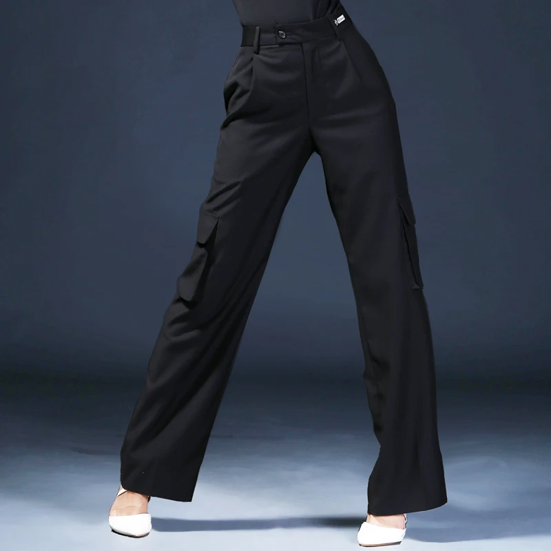 Ballroom Latin Dance Pants Black Polyester Cotton Pocket Trousers