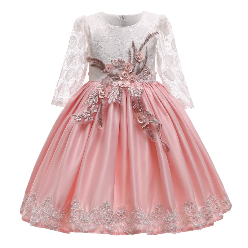 

New Flower Girl's Wedding Party Princess Long Sleeve Embroidery Dress Girl's Birthday First Feast banquet Dress vestido