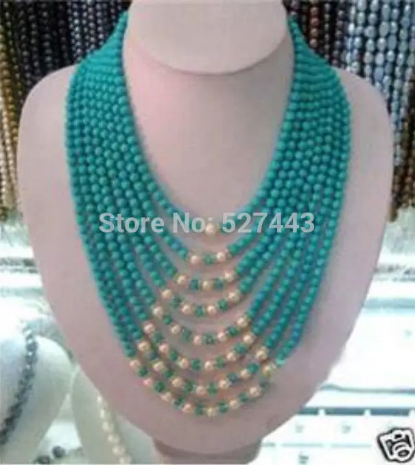 

Wholesale ship hot Beautiful 8row6mm turquoise white pearl necklace 17-22