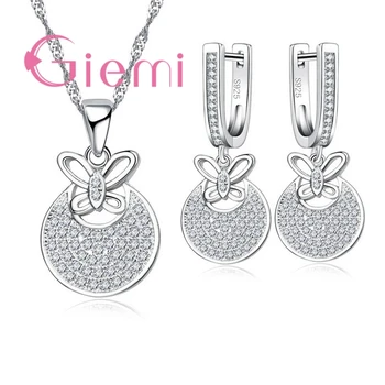 

Exquisite Shining Butterfly Design Silver Jewelry Sets Best Gifts For Girls Cheap Pendant Necklace Dangle Earrings