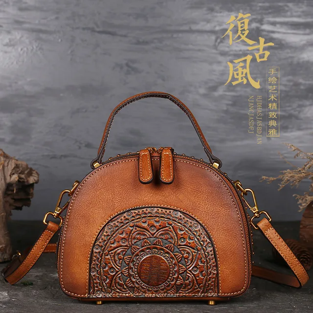 Nuleez genuine cowhide women bag Chinese Vintage half-moon totes and cross-body bag 2018 autumm and winter