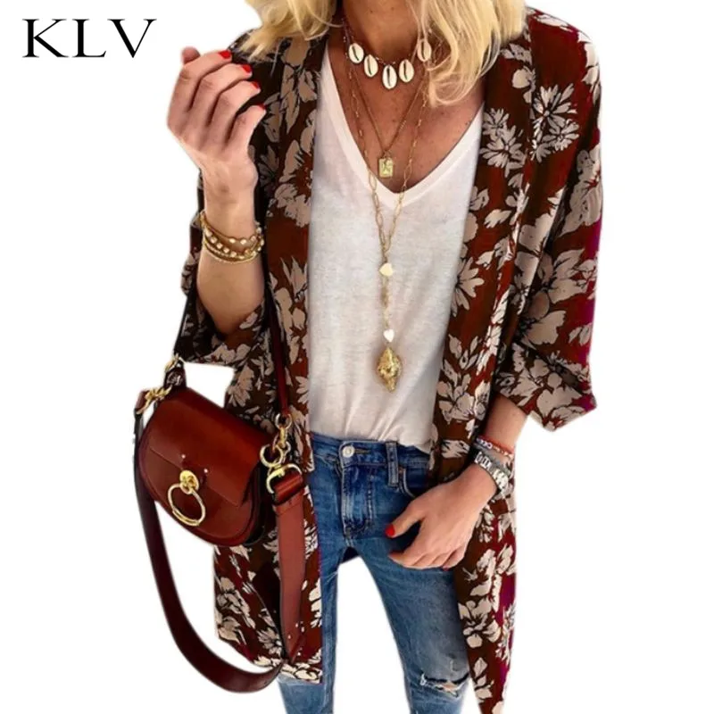 

Womens Spring Summer Open Front Kimono Cardigan 3/4 Batwing Sleeves Vintage Floral Print Blouse Jacket Midi Long Slim Outwear