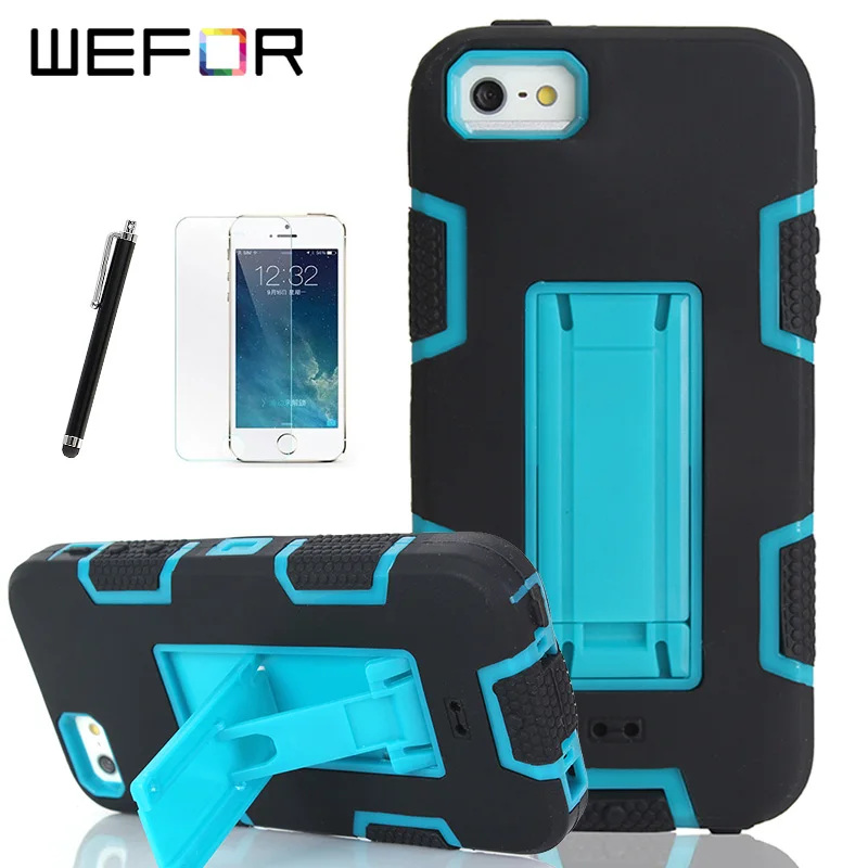 Koop Shockproof Hybrid Armor Rubber Zware Case Cover Apple iPhone 5 5 S SE Stand Telefoon Gevallen w Screen Protector + Stylus Pen