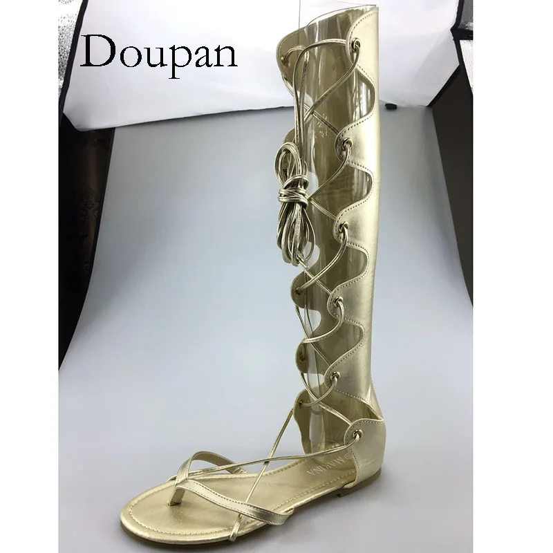 

Doupan Noble Summer Gladiator Sandals Women Knee High Boots Back Zipper Cross-tied Shoes