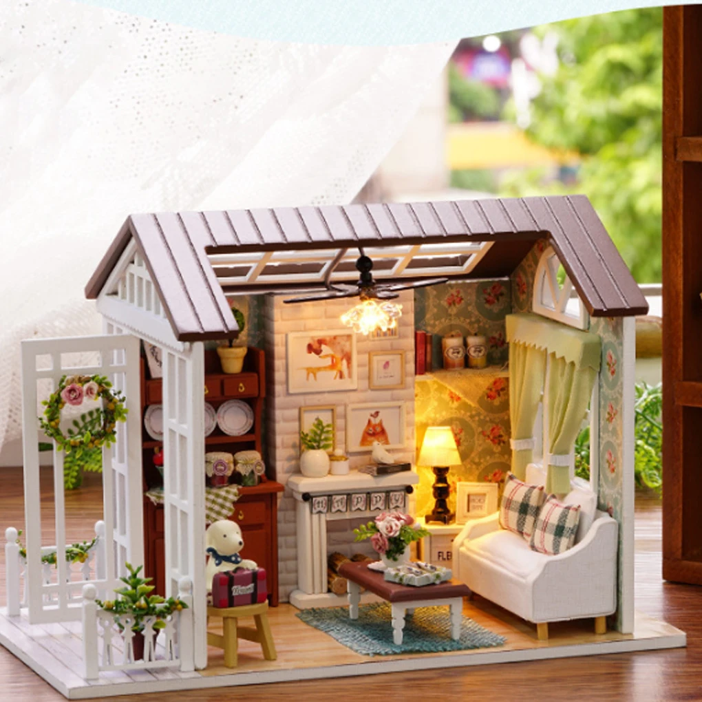 

Assemble DIY Wooden House Toy Wooden Miniatura Doll Houses LED Lights Birthday Gift Dollhouse