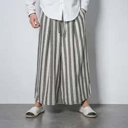 Для мужчин в полоску Повседневное хлопок белье брюки свободные Модные свободные юбка-штаны Мотобрюки мужской Для женщин японские кимоно