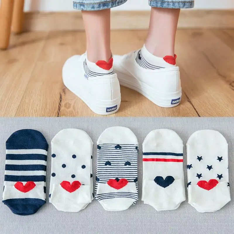 5 пар, женские носки, повседневные рабочие хлопковые полосатые носки с сердечками, милые носки, удобные, Meias, изысканные носки для женщин и девочек