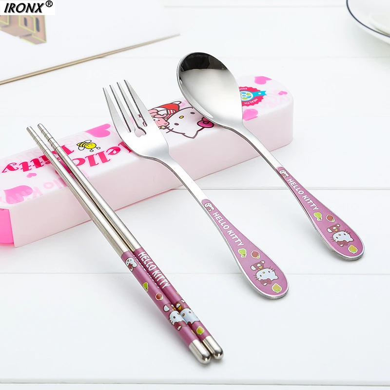 

IRONX Cartoon Stainless Steel KT Dinnerware Set with Box Cutlery Outdoor Travel Tableware Set C
