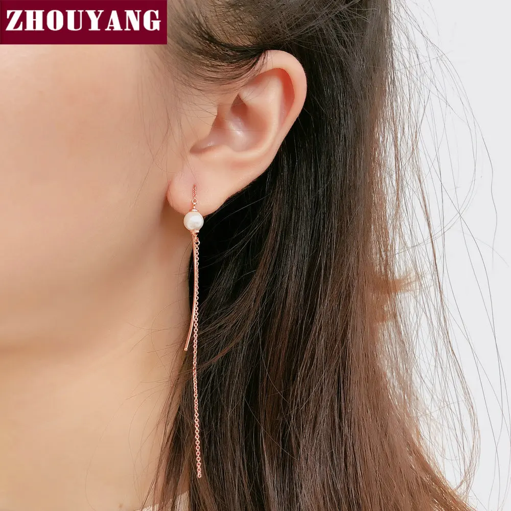 Женские серьги капли ZHOUYANG простые с одной линией имитация жемчуга розового