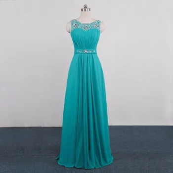 

2017 New Green Color Spaghetti strap Scoop Crystal Beading Long Chiffon Evening Dresses vestido de festa For Party Women's Dress