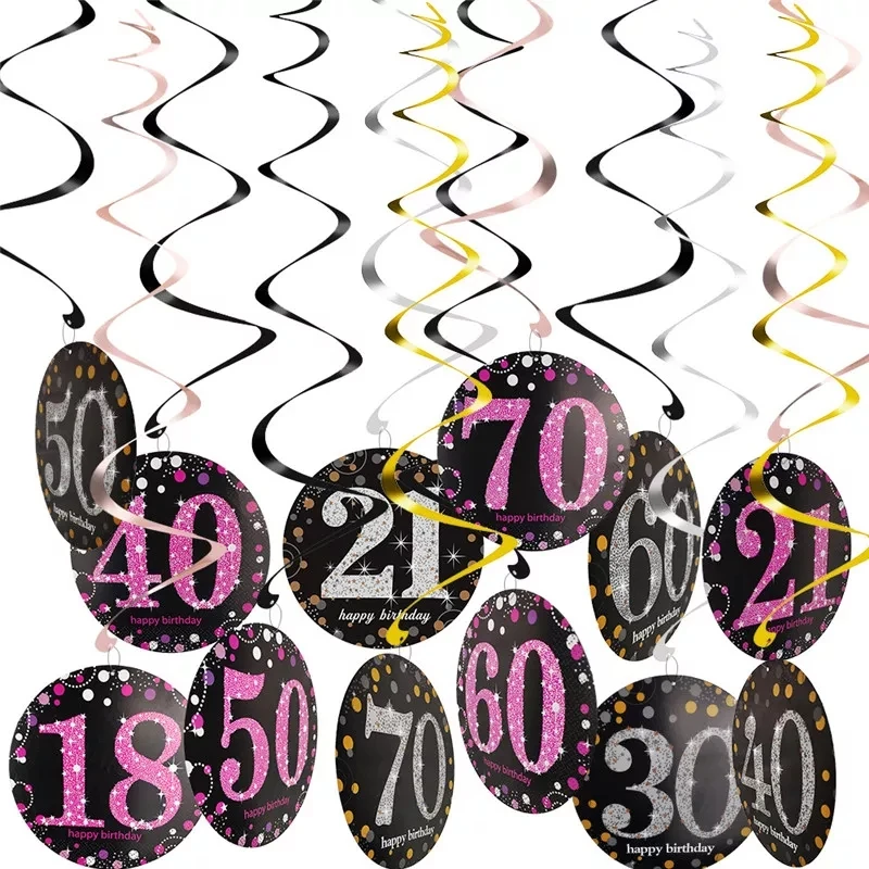 

30pcs Happy Birthday 18 21 30 40 50 60 70 Years Old Ceiling Hanging Swirls Spiral Ornaments PVC Birthday Party Decorations