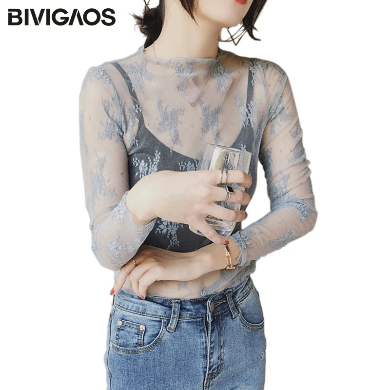 BIVIGAOS 2018 Spring Summer New Long Sleeve Lace Bottoming