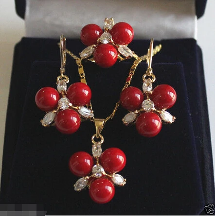 

Hot selling> Fashion 8mm Red South Sea Shell Pearl GP Crystal Earring Pendant Ring Set^^^@^Noble style Natural Fine jewe fas -Br