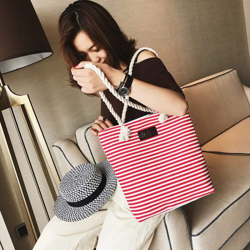 

Simple Women Canvas Tote Shopping Bag 2019 New Ladies Stripe Shoulder Messenger Bag Large Capacity Foldable Reusable Handbag