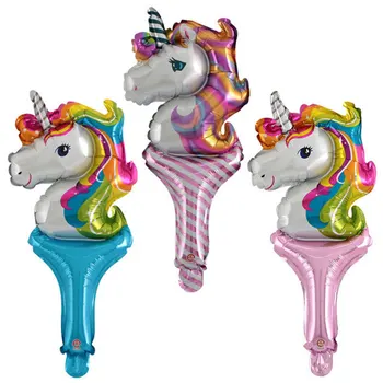 

50pcs/ hand-held unicorn party balloons foil balloon stick pat on the hand wand birthday party decorations kids toy wholesal