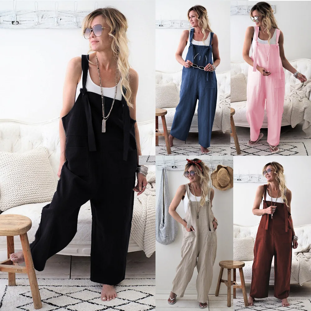 بذلة المرأة الصيف جديد عارضة فضفاض داخلية الكتان القطن رداء العمل Playsuit سراويل طويلة وزرة أزياء الشارع الشهير موهير