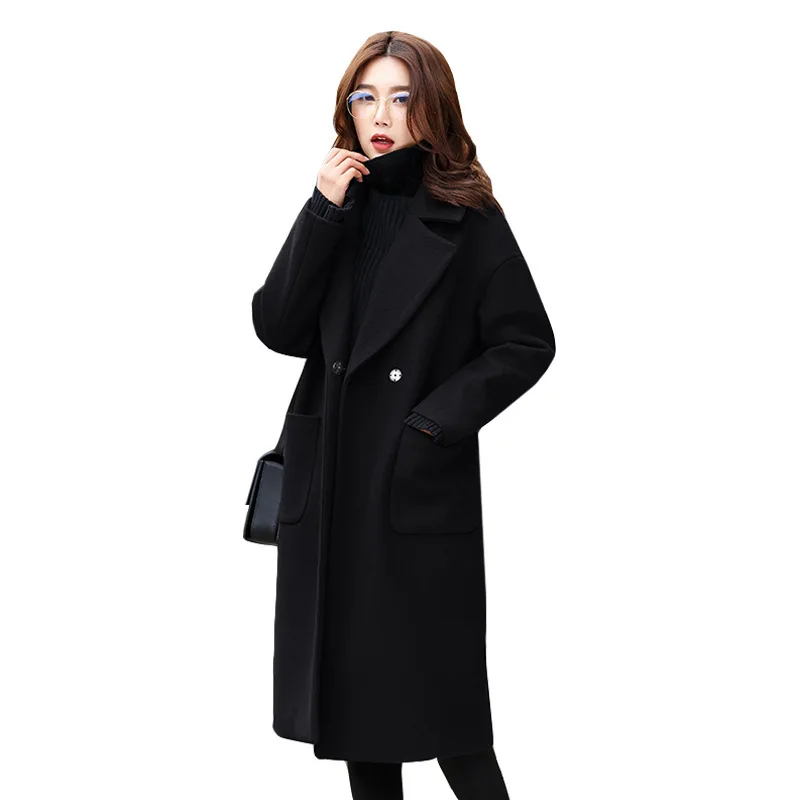 L-4XL размера плюс, повседневные женские шерстяные пальто, новинка, Осень-зима, модная Свободная куртка с карманами, женская верхняя одежда, длинное шерстяное пальто - Цвет: Черный