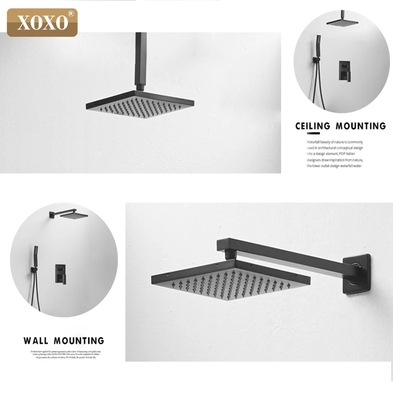  XOXO Brass Black Shower Set Bathroom Faucet Ceiling Or Wall Shower Mounted Shower Arm Diverter Mixe