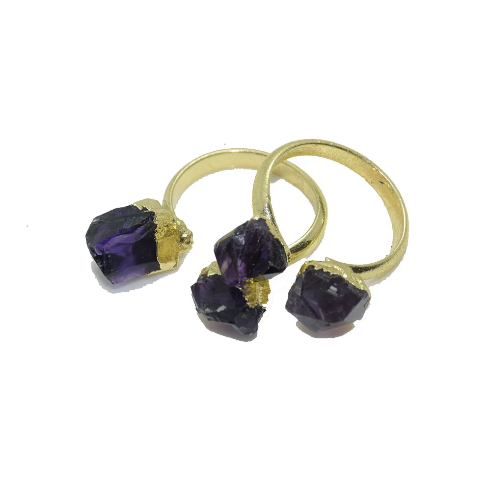 

1pc Natural Raw Purple crystal quartz geode druzy couple rings girl 2018 Double gold plating druzy stone rings for women gift