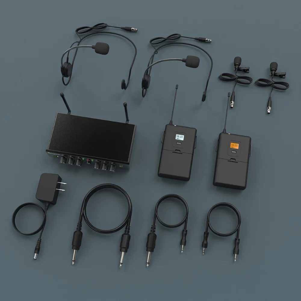 Uhf Wireless Microphone System With 2 Headsets&lapel Lavalier Mic