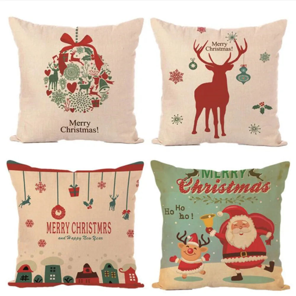 

Christmas Decoration Merry Christmas Letters Square Linen Kerst Pillowcase Santa Elk Bell Pillow Cover for Home Sofa Xmas Decor