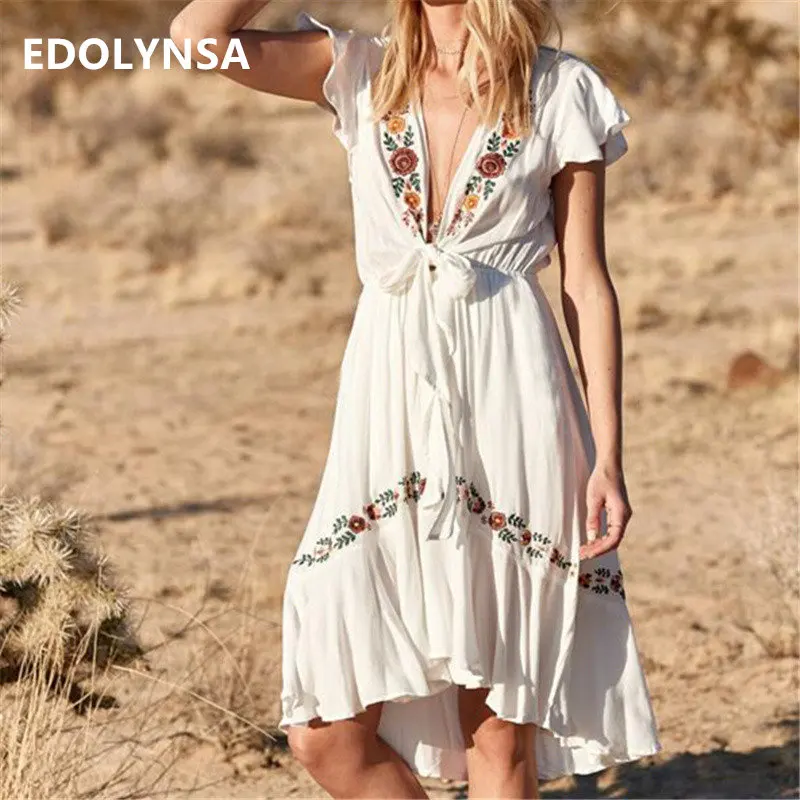 

Sexy Deep V Neck Short Sleeve Embroidery Beach Dress Tunic Plus Size Women Clothing White Cotton High Waist Boho Midi Dress N601