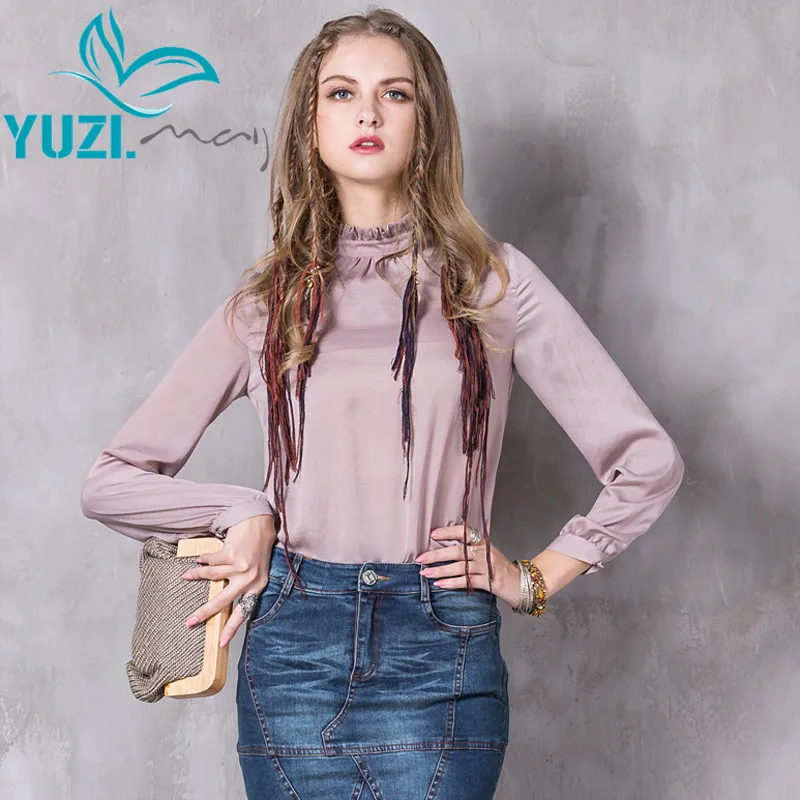 

Women Blouses 2017 Yuzi.may Casual New Polyester Blusas Stand Collar Long Lantern Sleeve All-match Skin Friendly Shirt B9206