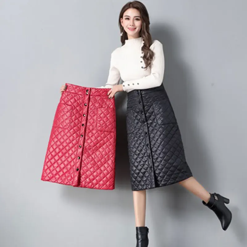 

2019 Spring Women Fashion Down Feather High Waist Skirt Girl Warm Half-length Leather Skirt Single-breasted Solid Clothes Skirts