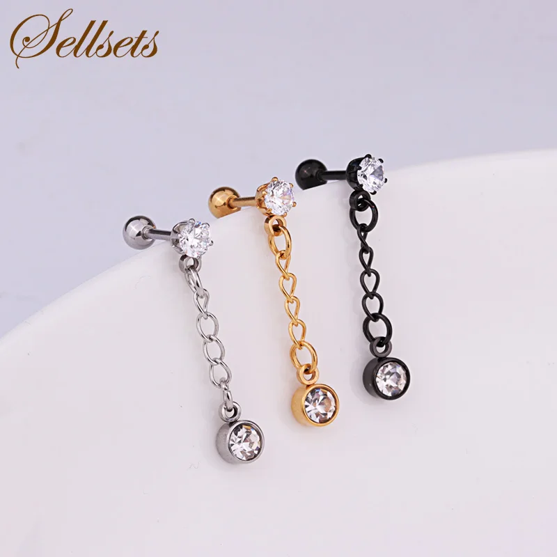 

Sellsets New Arrival 1PC Fashion Round CZ Zircon Drop Earrings Stainless Steel Ear Piercing Screw Earrings For Women Girl Ladies