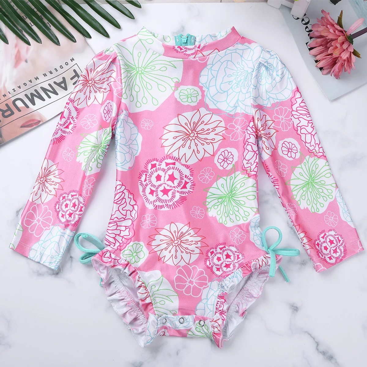 Body de manga larga para niñas pequeñas, traje de baño de una pieza con  estampado de flores, con cremallera y volantes - AliExpress Deportes y  entretenimiento