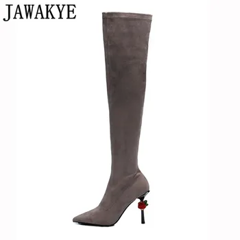 

2018 Fall winter black brown Over The Knee Boots stretch red rose flowers decor super 10cm high heels thigh high Boots women