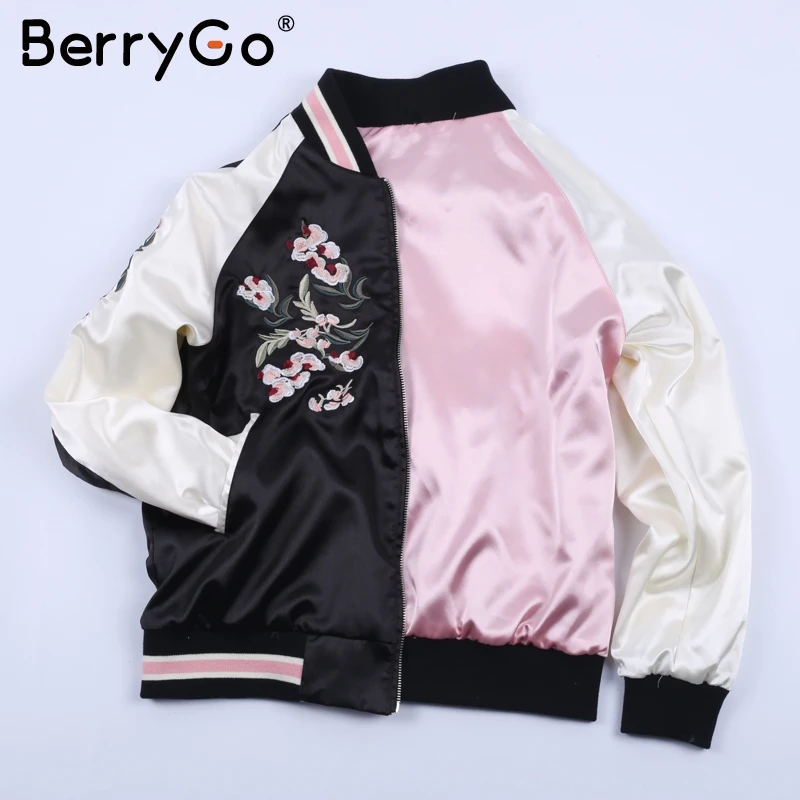 BerryGo Reversible embroidery satin jacket coat Autumn winter 2017 street basic jackets women Casual baseball jackets sukajan BerryGo Reversible embroidery satin jacket coat Autumn winter 2017 street basic jackets women Casual baseball jackets sukajan