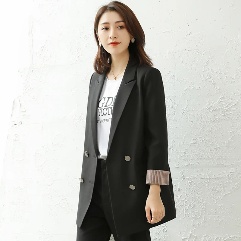 Shuchan Blazer Feminino Autumn Winter 2019 New Items Women's Jacket Black Notched Double Breasted Office Lady Solid Blazer Femme