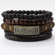 Belief коричневый тканый деревянный бисер хип хоп ювелирные изделия кожаные мужские браслеты Набор Женский винтажный браслет мужской Homme ювелирные изделия аксессуары