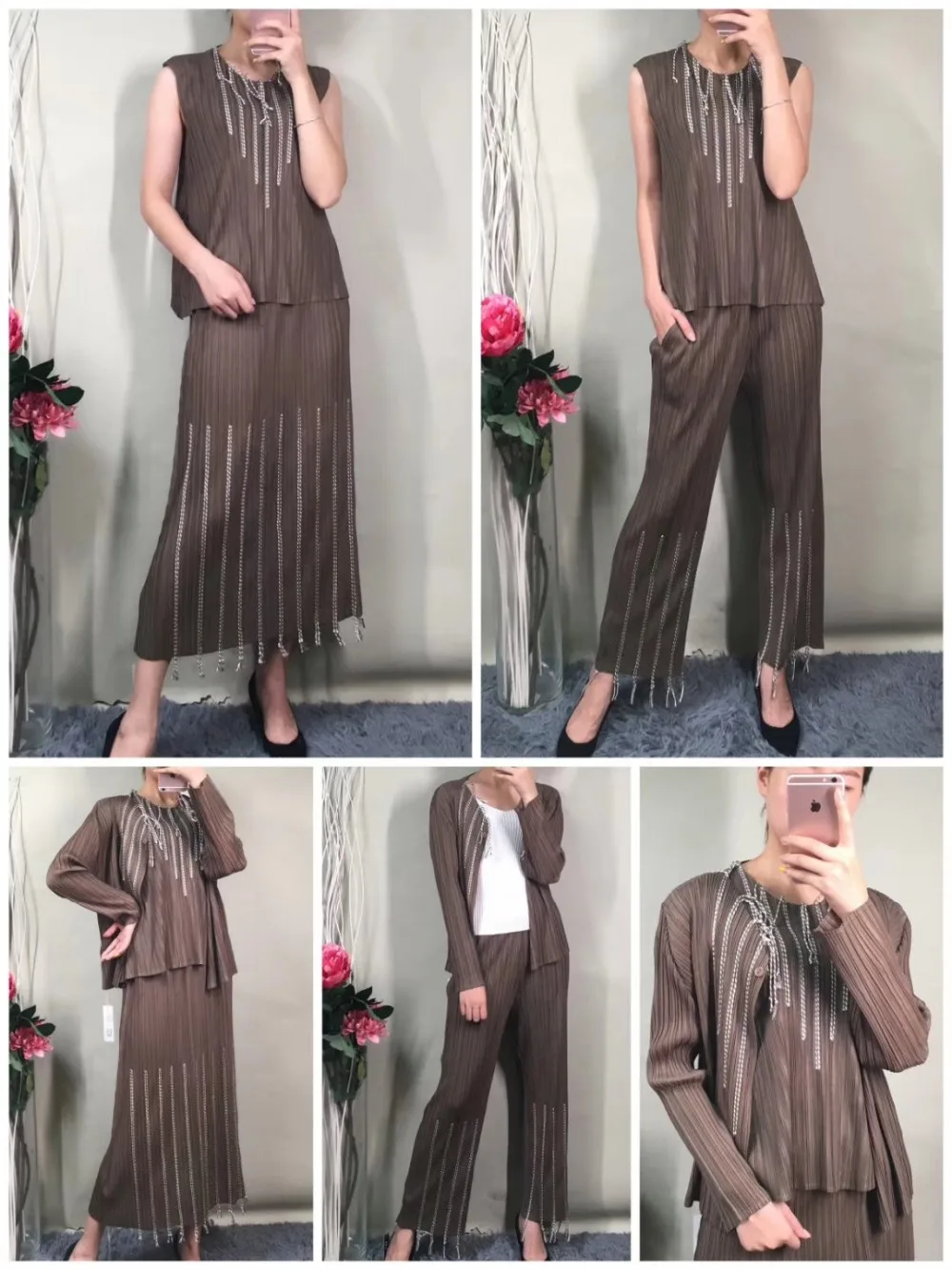 Miyake fold модное пальто с длинными рукавами и круглым вырезом+ однотонные штаны костюм из двух предметов с кисточками