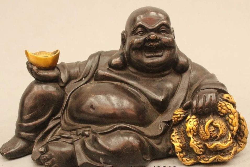 

Chinese Fengshui Bronze Cabbage Yuanbao Happy Laugh Maitreya Buddha Statue