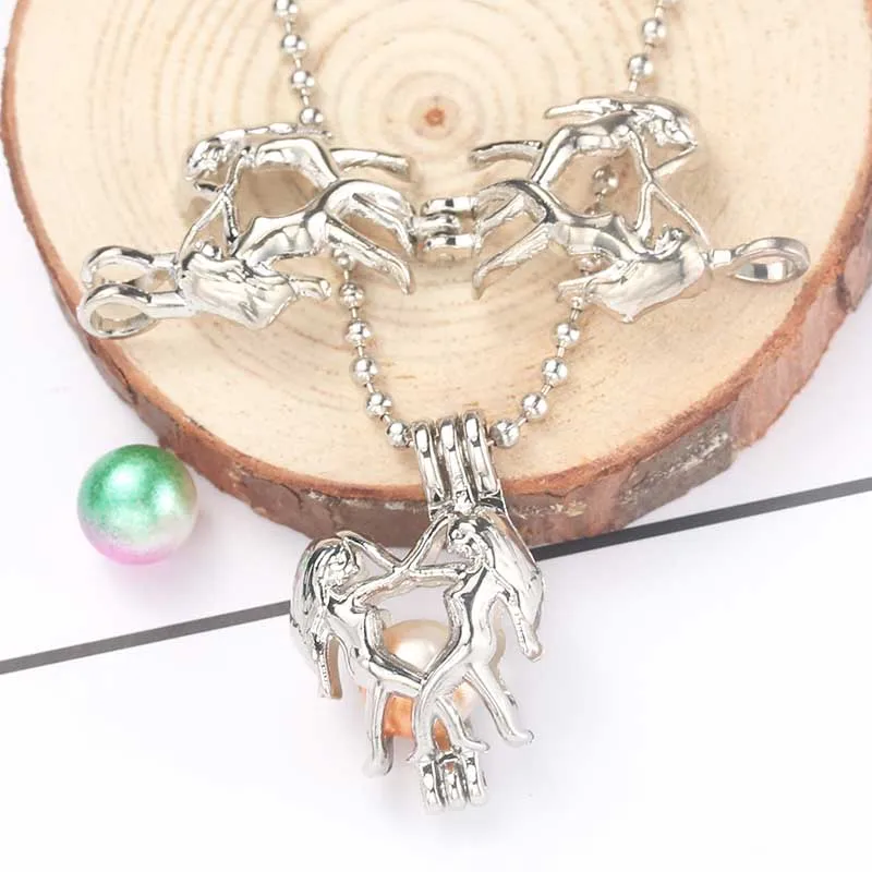 Bright Silver Dancer Pearl Cage Pendant Necklace Jewelry Aromatherapy Essential Oil Fragrance Box Oyster Fun Gift | Украшения и