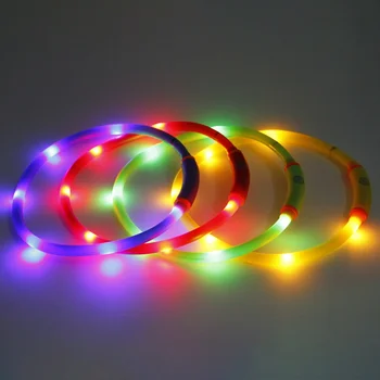 

USB Safe Warn LED Rechargeable Dog Collar Adjustable Silicone Collar Cut to Resize