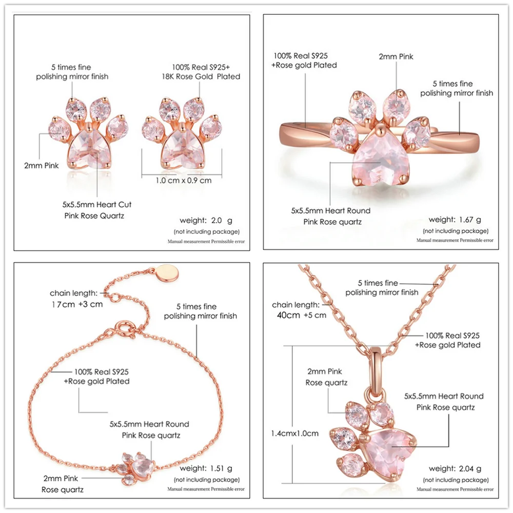 Ламон медвежий лап серебро 925 ювелирные наборы драгоценный камень розовый кварц S925 18 К Розовая позолота ювелирные украшения для женщин V035-1
