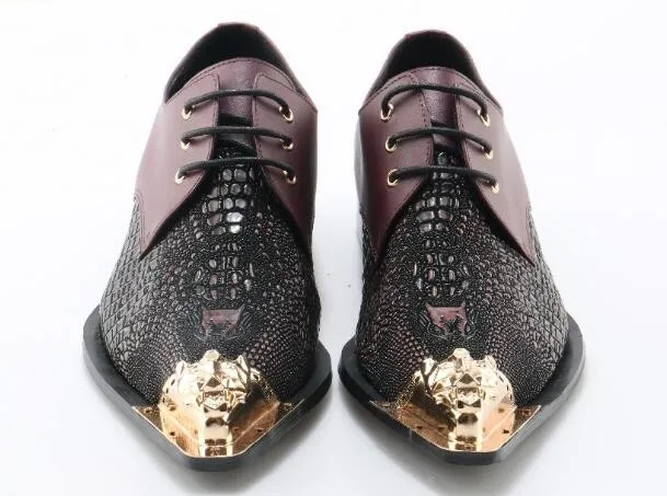 Кожа свадебные туфли Мужская деловая обувь из металла Мужские Выходные туфли с острым носом мужские оксфорды на шнуровке Обувь шнурованная для женщин