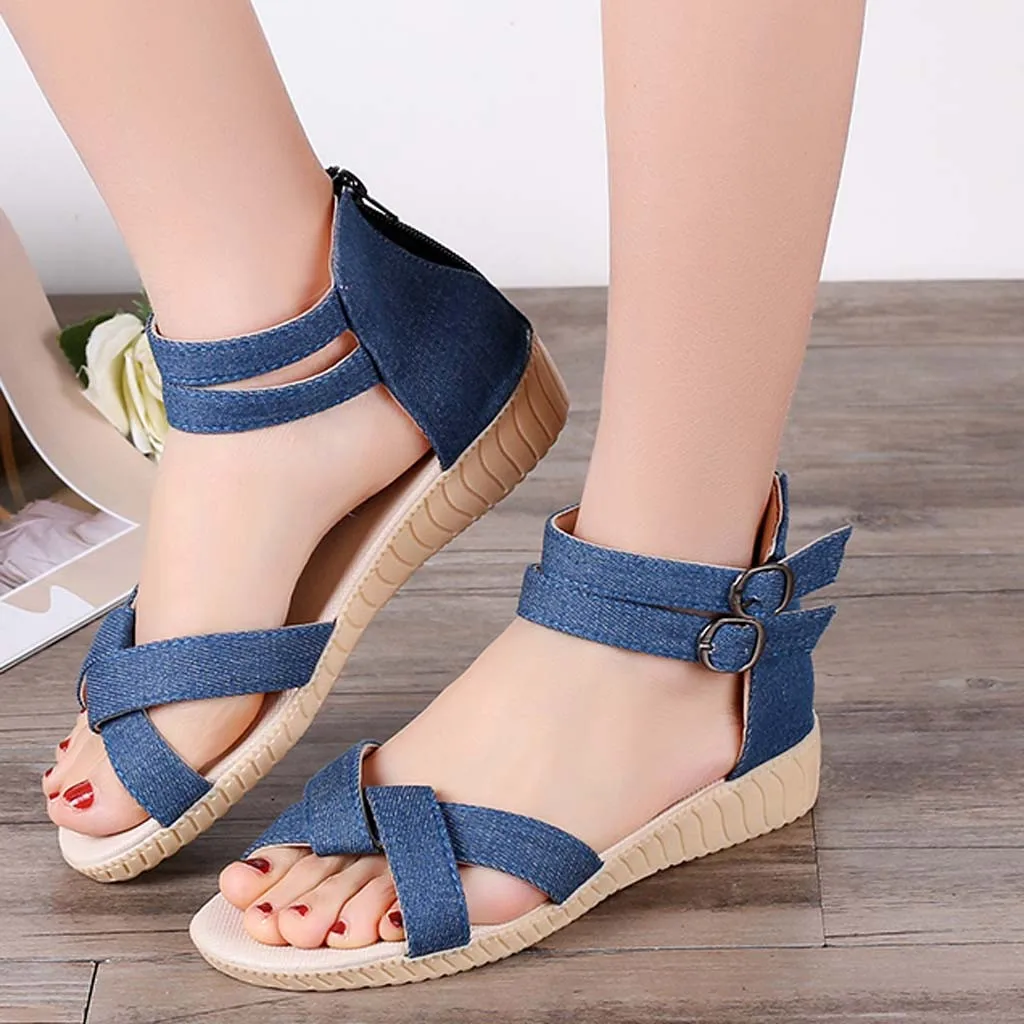 

womens sandals summer Solid blue Wild Sandals Anti-Slip Sandals Casual Summer Beach Shoes with Zipper sandales pour femmes 2019