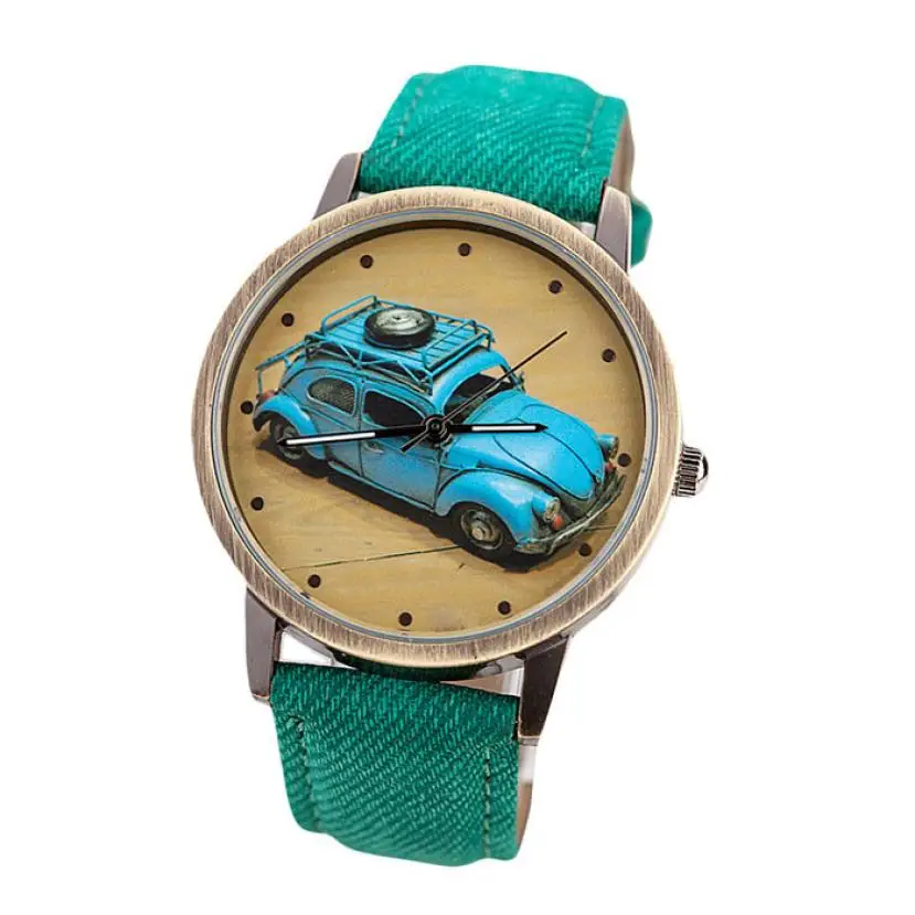 Мужские Женские часы с циферблатом наручные часы с кожаным браслетом лаконичные Модные мужские и женские ретро автомобиль узор деним саржевый ремешок часы 50 p - Цвет: Green