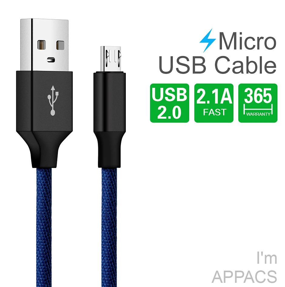 APPACS нейлоновый Плетеный Micro USB 2,0 кабель синхронизации данных 5V2. 1A Быстрая зарядка 10 футов USB кабель для samsung huawei HTC LG Sony Android