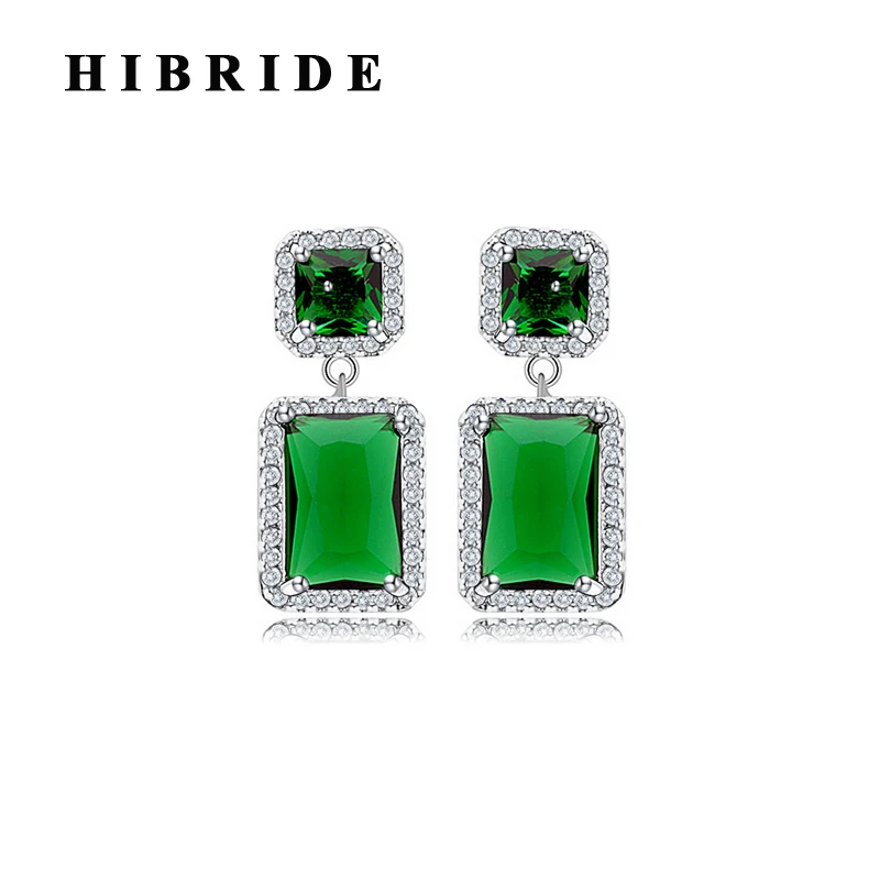 

HIBRIDE Fashion Square Green Cubic Zirconia Pendant Earrings For Women Wedding Jewelry Crystal Boucle d'oreille E-321