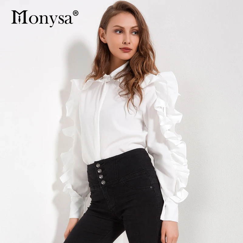 Ruffle White Blouse Women 2018 New Arrivals Fashion Zipper