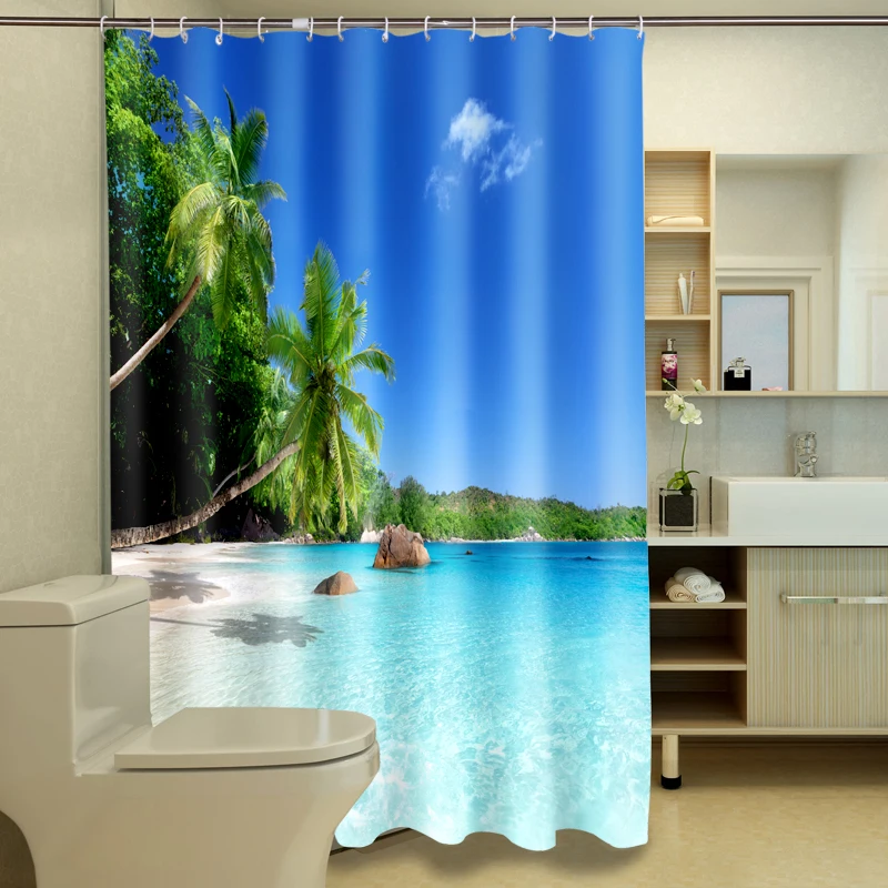 

New 3D Shower Curtains Beach coconut tree scenery Pattern Waterproof Fabric Bathroom Curtains Washable Bathroom Products Hooks